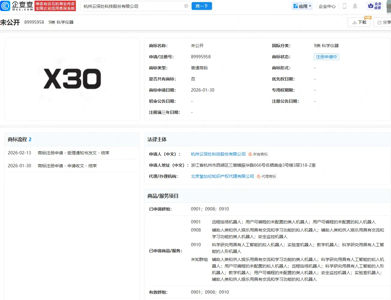 云深處科技注冊X30商標(biāo)