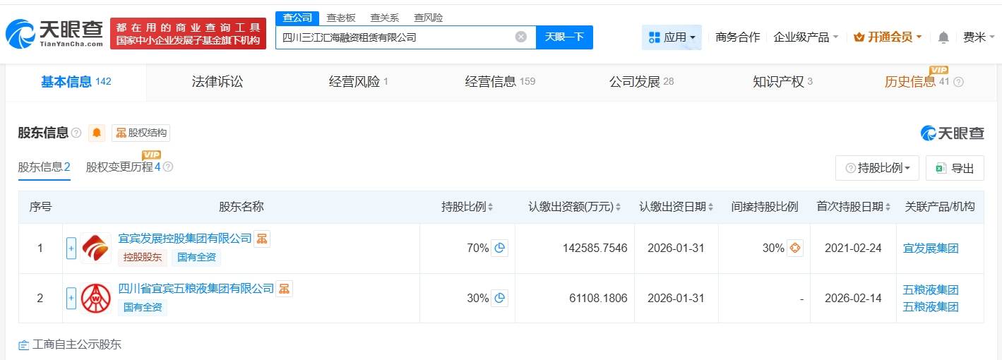 五糧液集團(tuán)入股四川三江匯海融資租賃公司