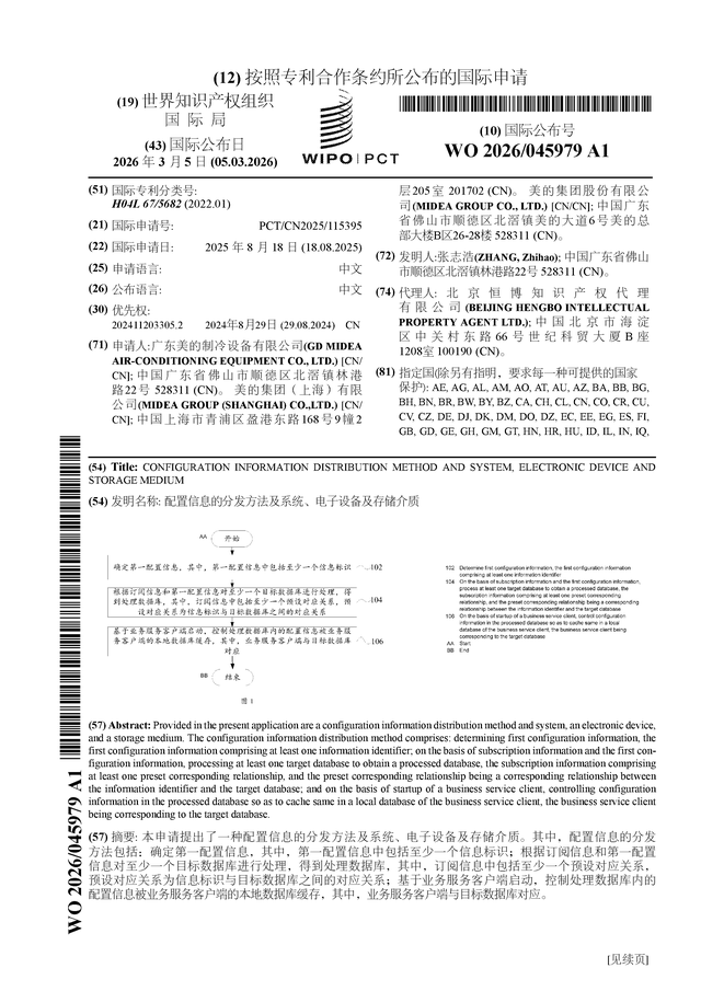 美的集團(tuán)公布國際專利申請(qǐng)：“配置信息的分發(fā)方法及系統(tǒng)、電子設(shè)備及存儲(chǔ)介質(zhì)”