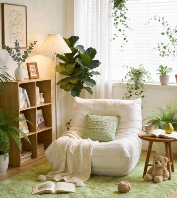 墻面、家具、窗簾同色系，空間立刻顯大